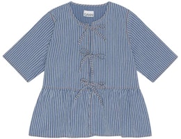 (Women) GANNI Striped Bow Tie 3/4 Sleeve Shirt - Mid Blue Gray J1314566 (Women) GANNI Striped Bow Tie 3/4 Sleeve Shirt - Mid Blue Gray J1314566