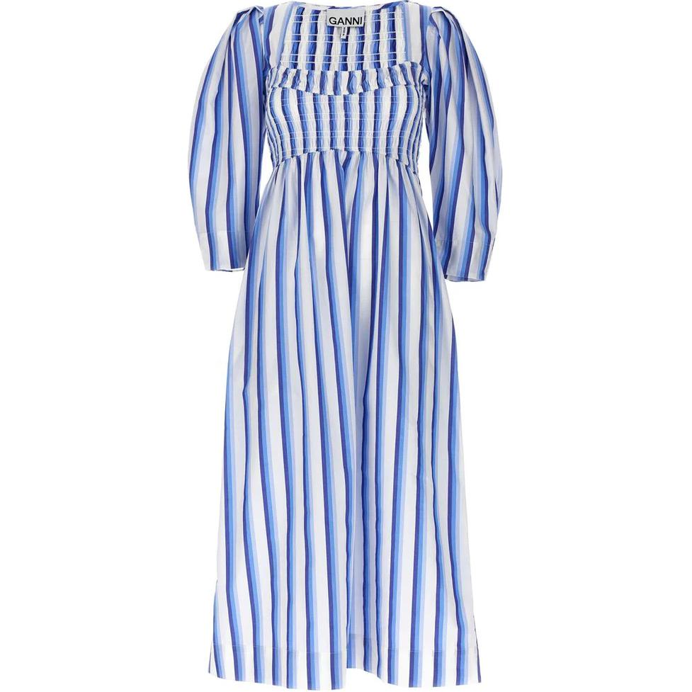 (Women) GANNI  Striped Square Neck Long Dress Blue Short Sleeve. F9125-695