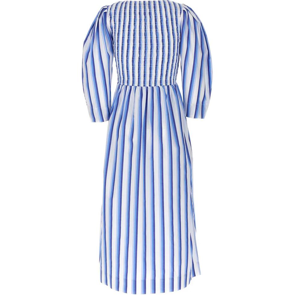 Lookbook (W) 가니 스트라이프 스퀘어넥 롱 드레스 블루 반팔. F9125-695