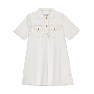 (Women) GANNI White Solid Polo Collar Loose Fit Short Sleeve Mini Dress. J1454-135