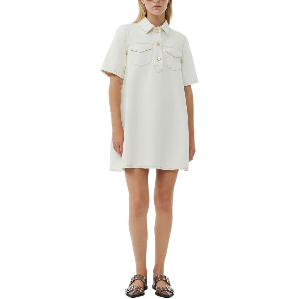 Shop (W) 가니 화이트 솔리드 폴로 카라 루즈핏 반팔 미니 드레스. J1454-135