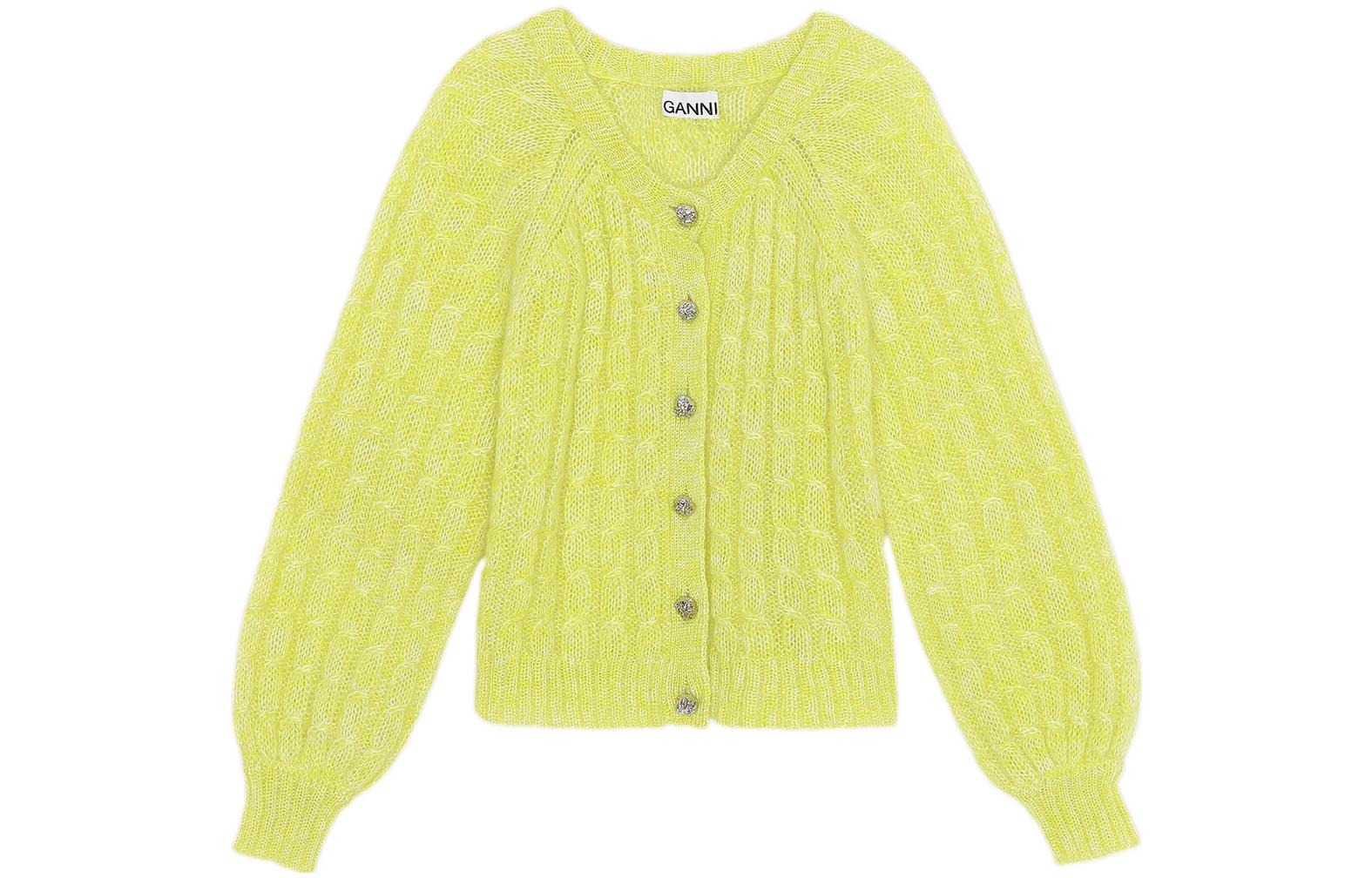 (Women) GANNI  Yellow Single-Breasted Long Sleeve Cardigan Sweater. K1719