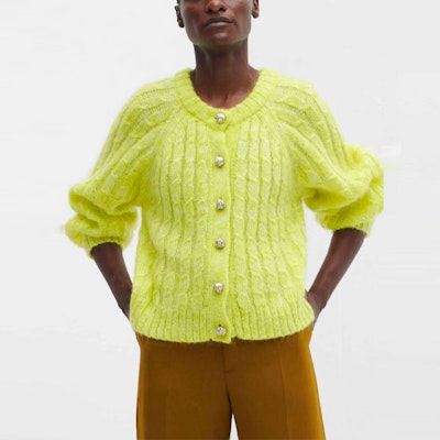 (W) 가니 옐로우 싱글 브레스트 긴소매 가디건 스웨터. K1719 Details for (W) 가니 옐로우 싱글 브레스트 긴소매 가디건 스웨터. K1719