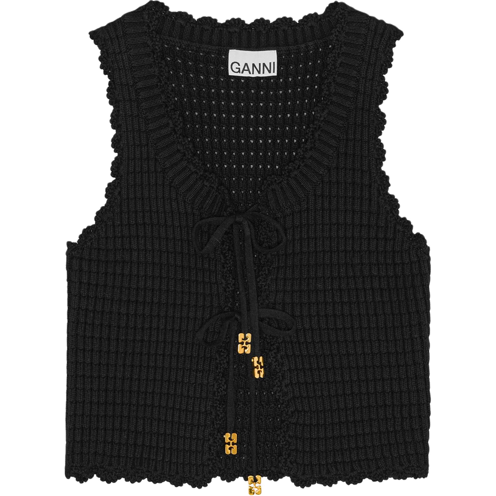 (Women) GANNI Black Sleeveless Tie-Front Solid Color Tank Top K2541-099