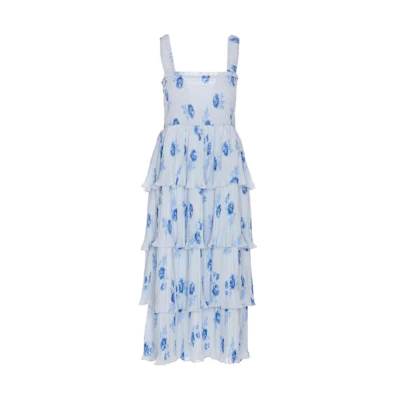 (Women) GANNI Blue Vintage Off-Shoulder Print Ruffle Midi Dress for Women. F9145-694