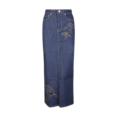 (Women) GANNI Floral Embroidered Solid Zipper Long Casual Dress Women Blue J1440077