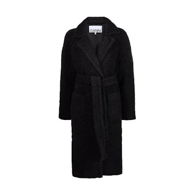 (Women) GANNI FW21 Black Faux Shearling Knit Belted Coat F6258252