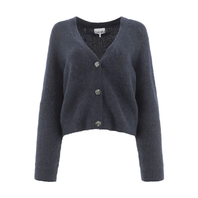 (Women) GANNI FW21 Blue V-Neck Knit Cardigan Sweater Cropped Top. K1498-683