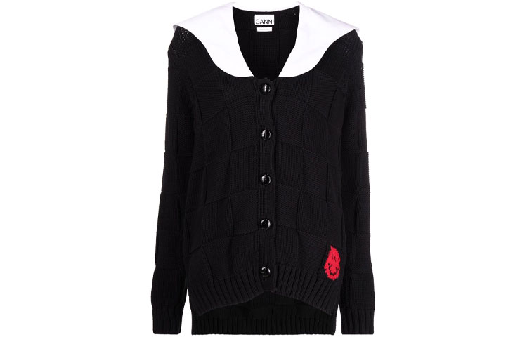 (Women) GANNI FW21 Smiley Embroidered Knitted Sweater Women Black Vintage Chic Style K1554-099