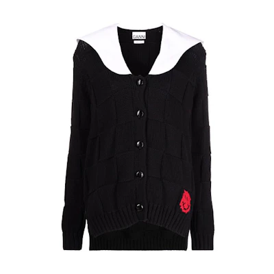 (Women) GANNI FW21 Smiley Embroidered Knitted Sweater Women Black Vintage Chic Style K1554-099