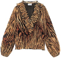 (Women) GANNI FW21 Tiger Print V-Neck Long Sleeve Blouse Women’s Brown F6707-177 (Women) GANNI FW21 Tiger Print V-Neck Long Sleeve Blouse Women’s Brown F6707-177