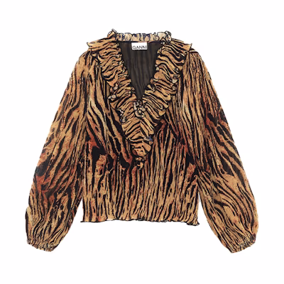 (Women) GANNI FW21 Tiger Print V-Neck Long Sleeve Blouse Women’s Brown F6707-177