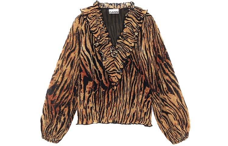 Order (W) Blus Wanita Lengan Panjang V-Neck GANNI FW21 Corak Harimau Coklat F6707-177