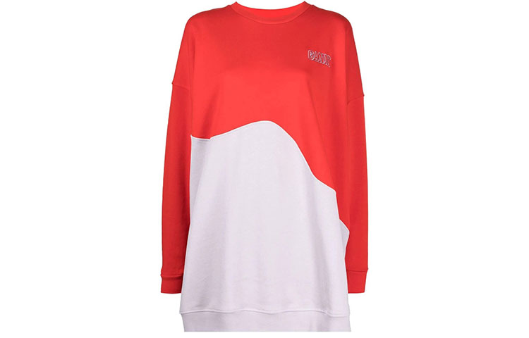 (Women) GANNI FW21 Wavy Logo Crewneck Sweatshirt Womens Red White Colorblock T2958-712