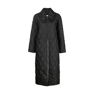 (Women) GANNI FW22 Black Quilted Long Coat with Side Slit and Collar. F7327099