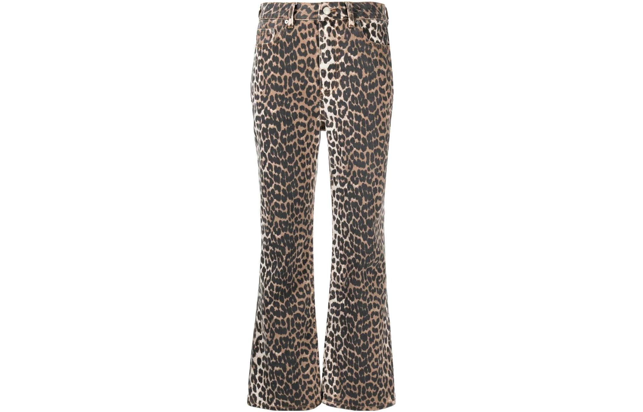 (Women) GANNI FW22  Brown Leopard Print High-Waist Flared Jeans J1059943AW22