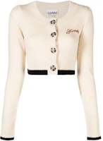 (Women) GANNI FW22 Khaki Short Cardigan Sweater with Embroidered Logo. K1813-354 (Women) GANNI FW22 Khaki Short Cardigan Sweater with Embroidered Logo. K1813-354