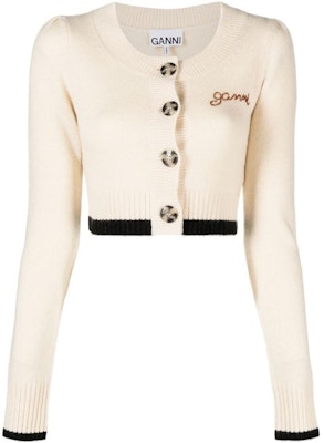 (W) 가니 FW22 카키 로고 자수 숏 가디건 스웨터. K1813-354 Buy (W) 가니 FW22 카키 로고 자수 숏 가디건 스웨터. K1813-354