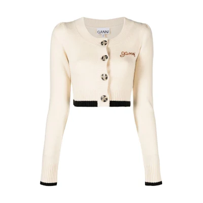 (Women) GANNI FW22 Khaki Short Cardigan Sweater with Embroidered Logo. K1813-354