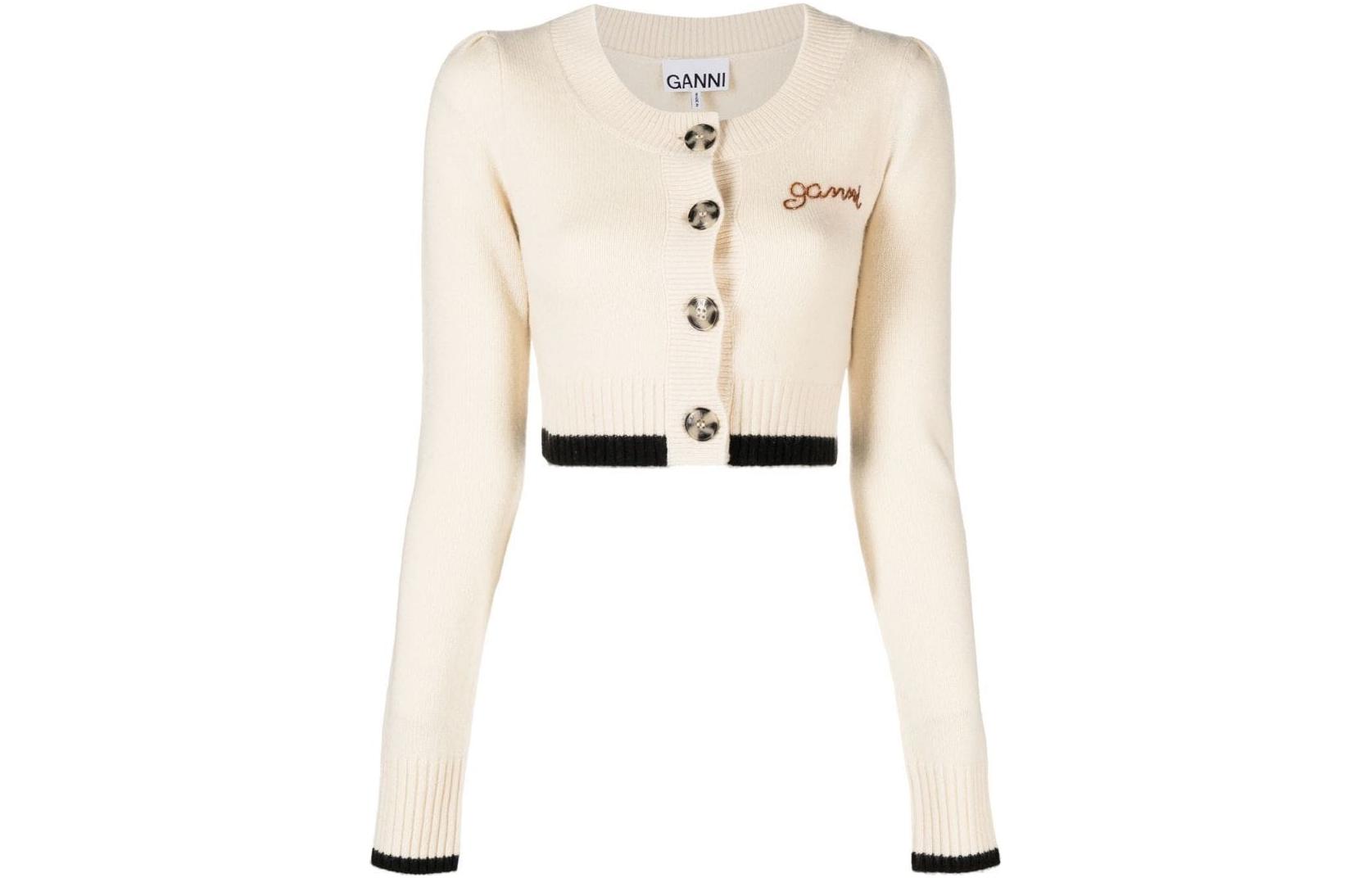 Order (W) 가니 FW22 카키 로고 자수 숏 가디건 스웨터. K1813-354