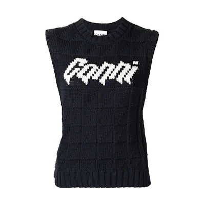 (Women) GANNI FW22 Letter Intarsia Knit Vest Navy Blue. K1778-683