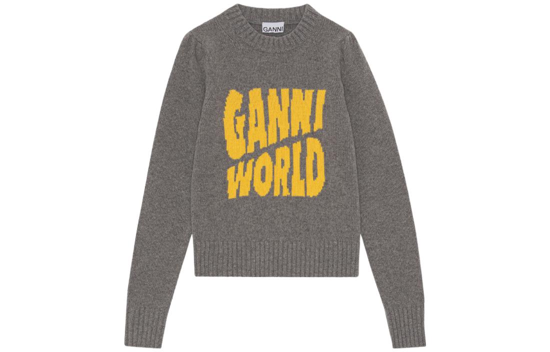 (Women) GANNI FW22  Logo Retro Knit Sweater Pullover Gray Long Sleeve. K1775-641-1