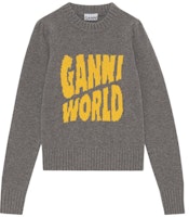 (Women) GANNI FW22 Logo Retro Knit Sweater Pullover Gray Long Sleeve. K1775-641-1 (Women) GANNI FW22 Logo Retro Knit Sweater Pullover Gray Long Sleeve. K1775-641-1