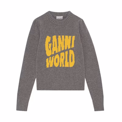 (Women) GANNI FW22 Logo Retro Knit Sweater Pullover Gray Long Sleeve. K1775-641-1