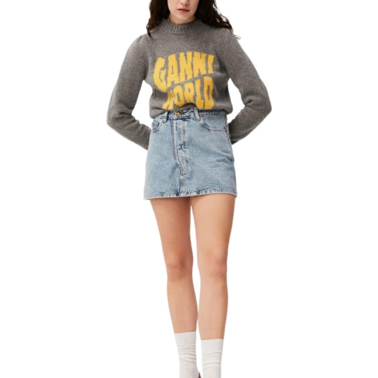 Shop (W) 가니 FW22 로고 레트로 니트 스웨터 풀오버 그레이 긴팔. K1775-641-1