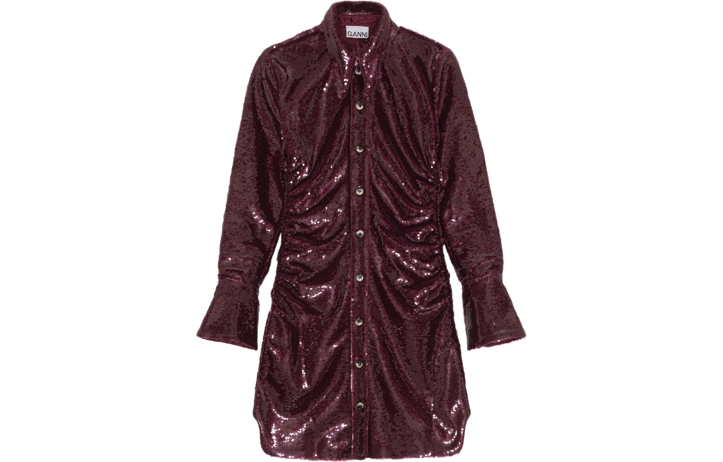 (Women) GANNI FW22  Sequin Detail Long Sleeve Shirtdress Deep Red F7321-431