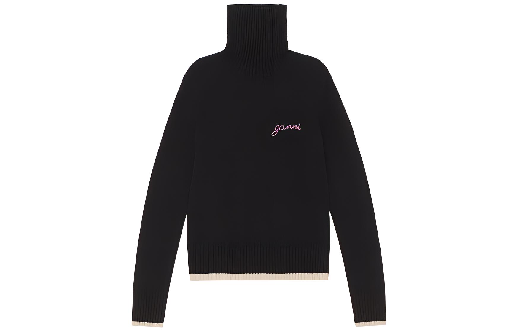 (Women) GANNI FW22  Turtleneck Sweater Black with Contrast Logo Trim. K1810-099