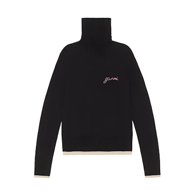 (Women) GANNI FW22 Turtleneck Sweater Black with Contrast Logo Trim. K1810-099