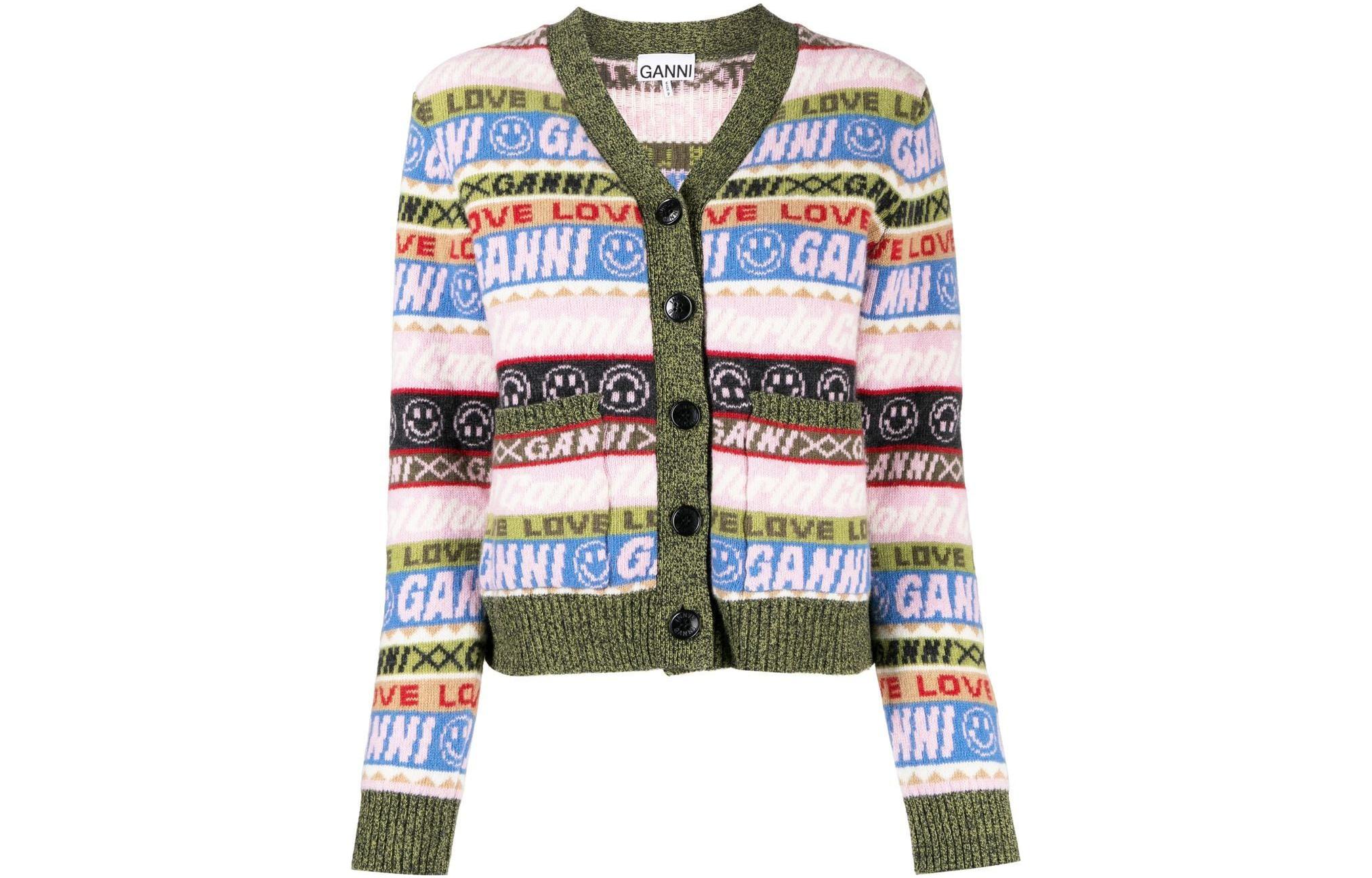 (Women) GANNI FW22  V-Neck Smiley Letter Jacquard Striped Knit Sweater Multicolor K1794