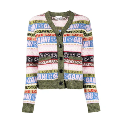 (Women) GANNI FW22 V-Neck Smiley Letter Jacquard Striped Knit Sweater Multicolor K1794