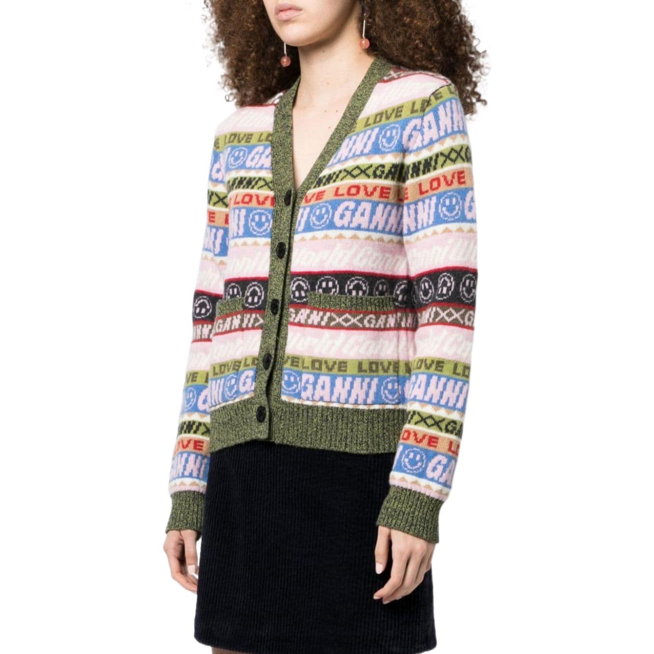 Shop (W) 가니 FW22 브이넥 스마일 자카드 스트라이프 니트 스웨터 멀티컬러 K1794