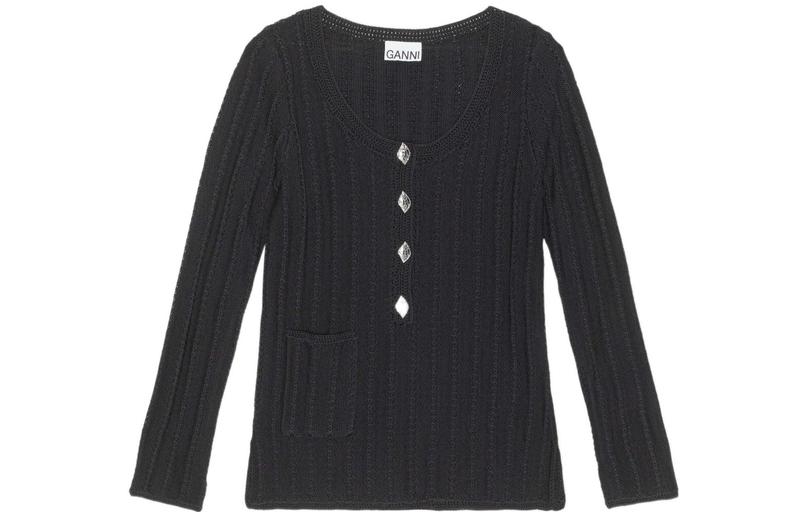 (Women) GANNI FW22 Black Button-Detail Long-Sleeve Pullover Sweater K1753-099