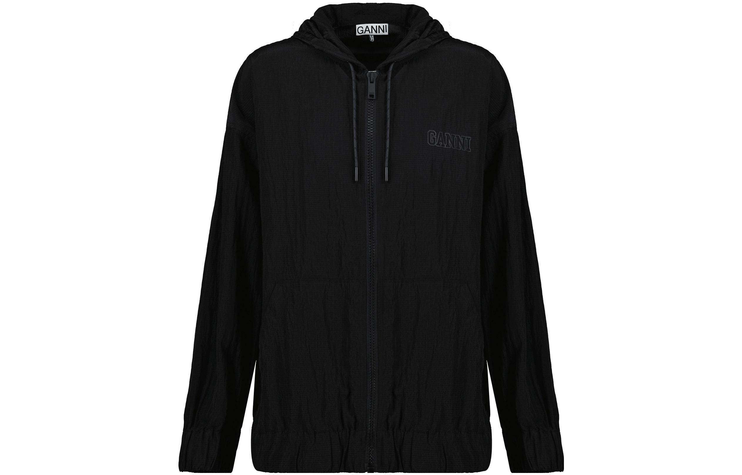 (Women) GANNI FW22 Black Hoodie Jacket with Logo Print. F7163099