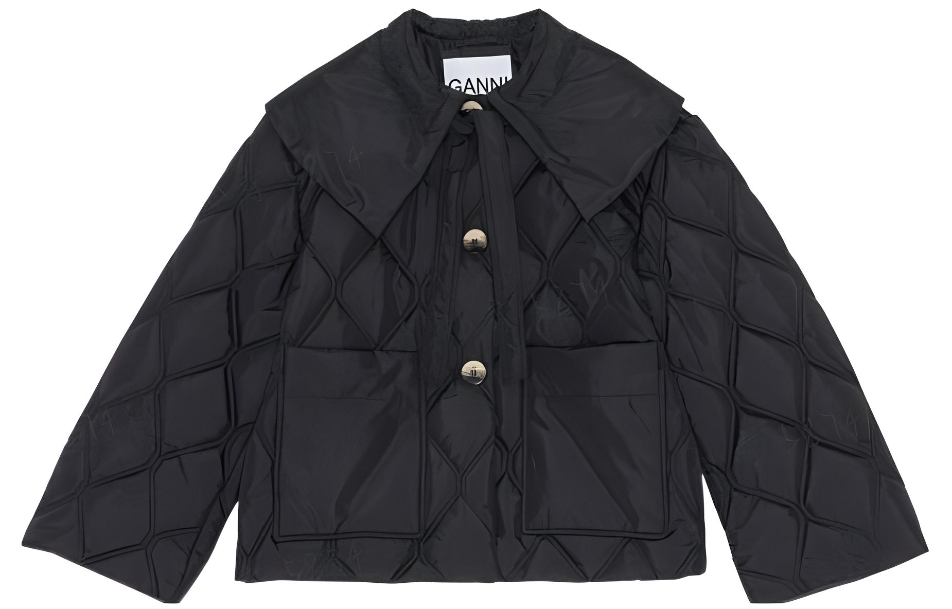 (Women) GANNI FW22 Quilted Collar Jacket Black Long Sleeves Outerwear F7326-099-2