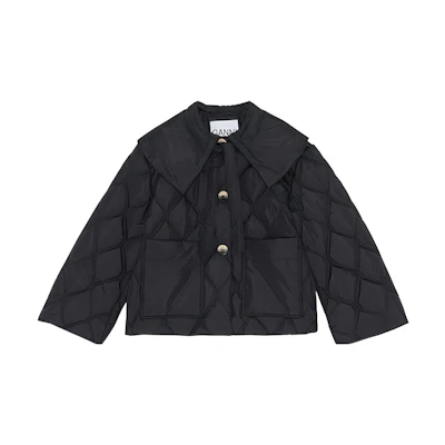 (Women) GANNI FW22 Quilted Collar Jacket Black Long Sleeves Outerwear F7326-099-2