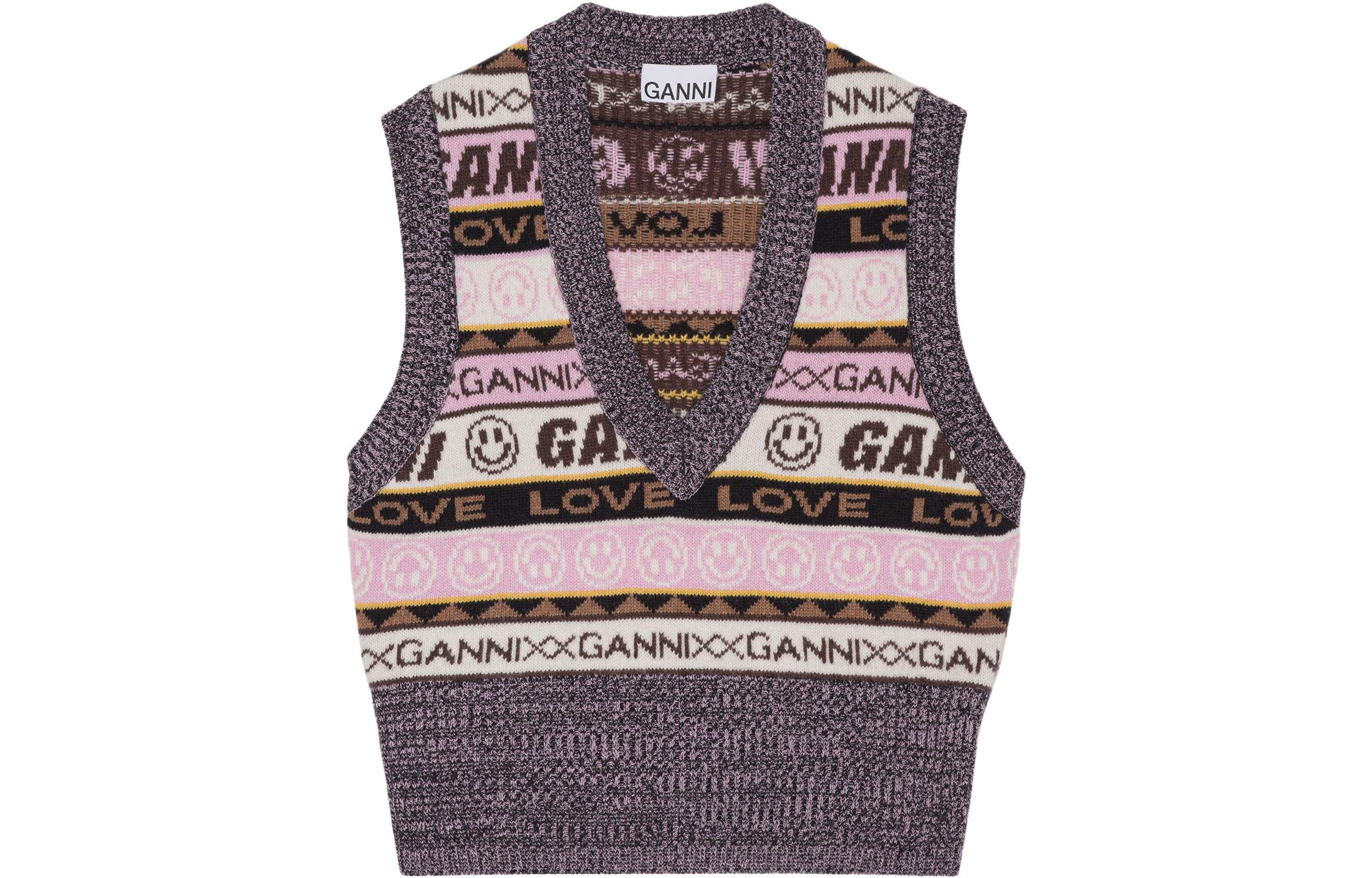 (Women) GANNI FW22 Retro Smiley Graffiti Embroidered V-Neck Knit Vest  Multicolor K1829-554