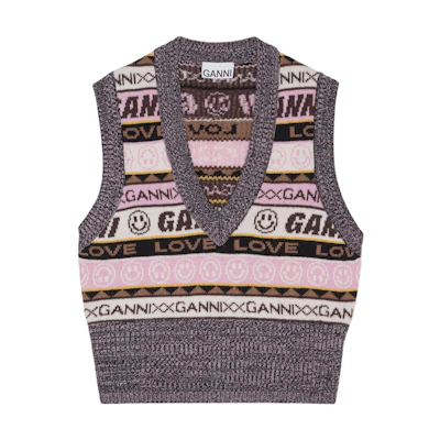(Women) GANNI FW22 Retro Smiley Graffiti Embroidered V-Neck Knit Vest Multicolor K1829-554