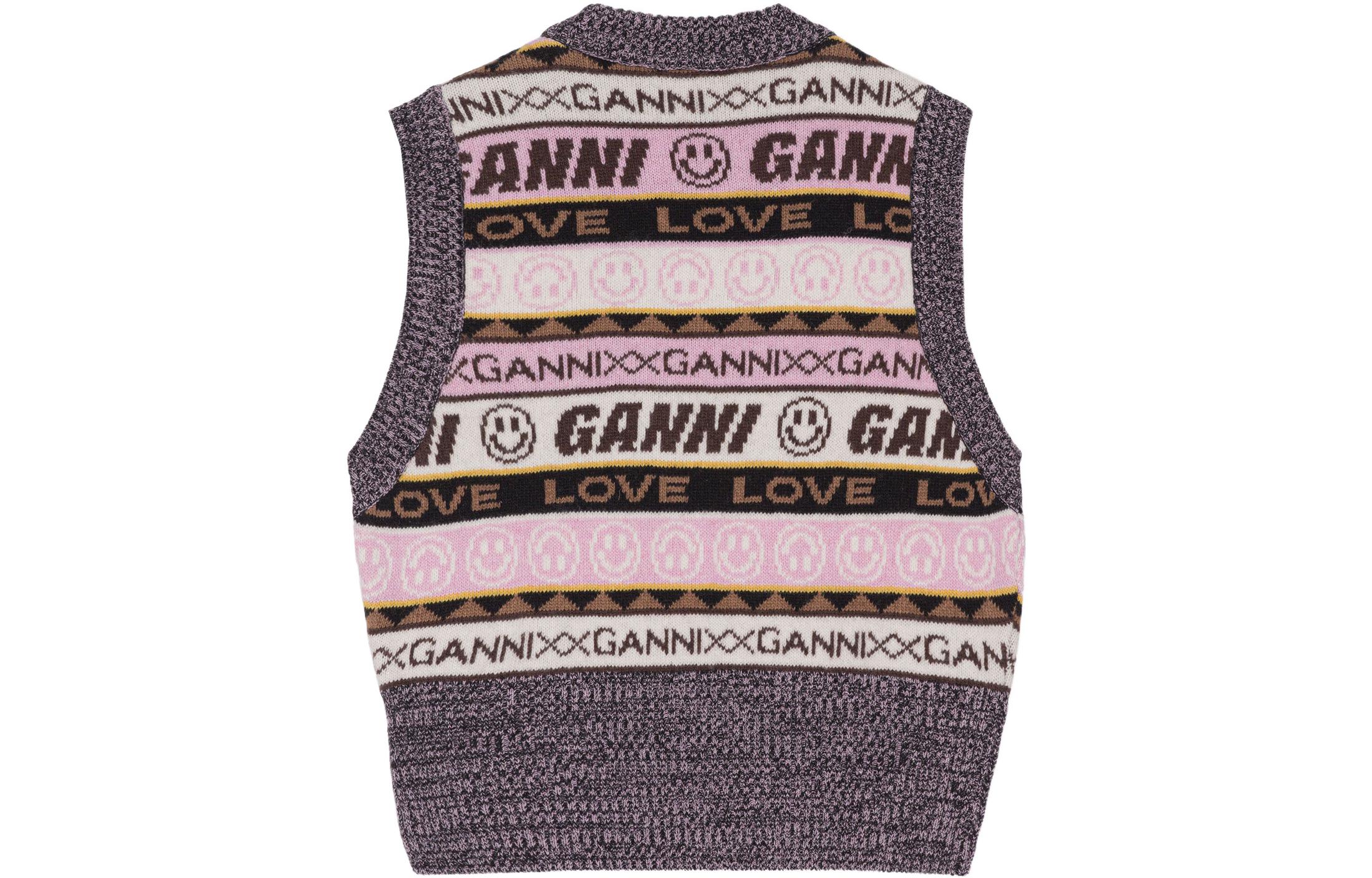 Lookbook (W) 가니 FW22 레트로 스마일리 그래피티 자수 V넥 니트 베스트 멀티컬러 K1829-554