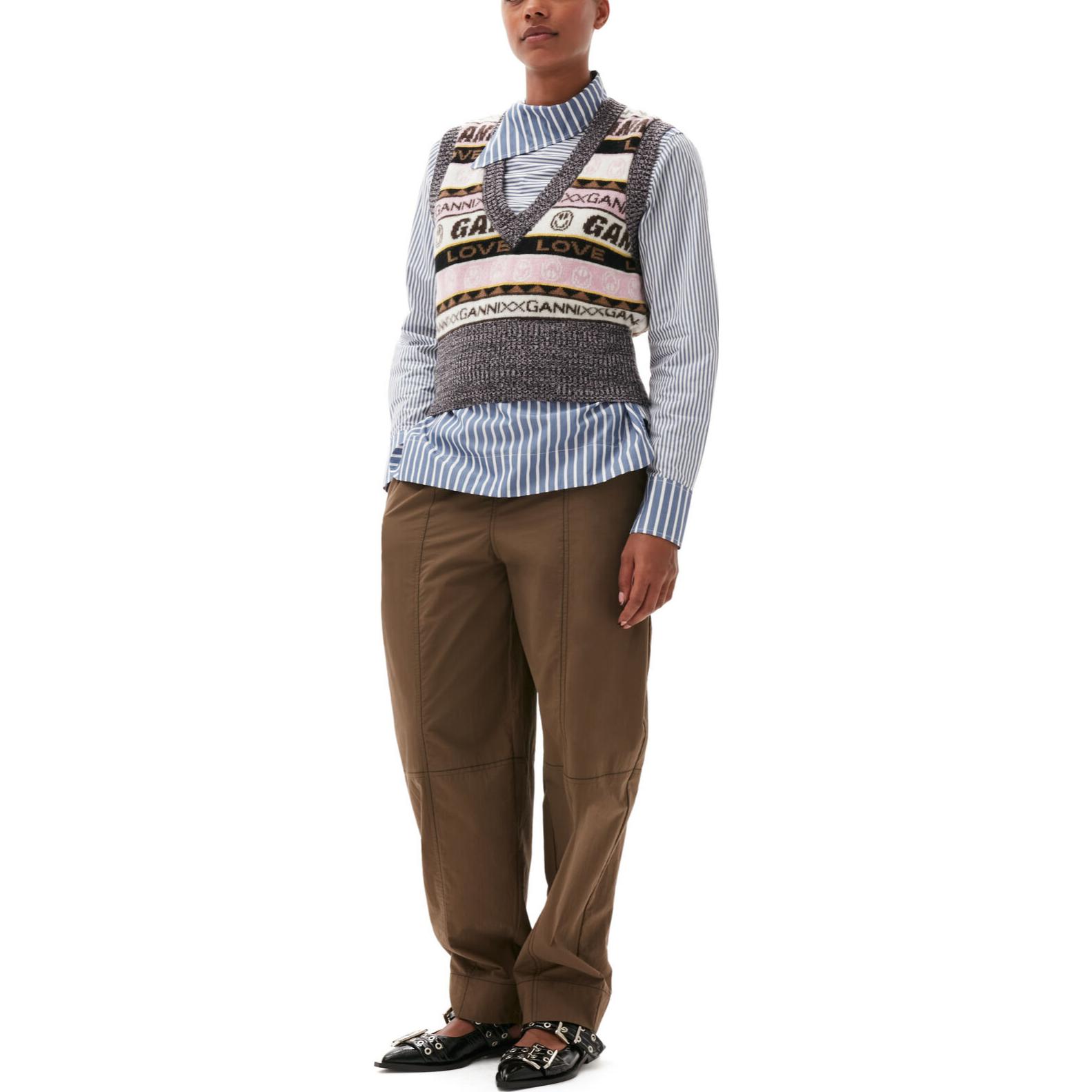 Shop (W) 가니 FW22 레트로 스마일리 그래피티 자수 V넥 니트 베스트 멀티컬러 K1829-554