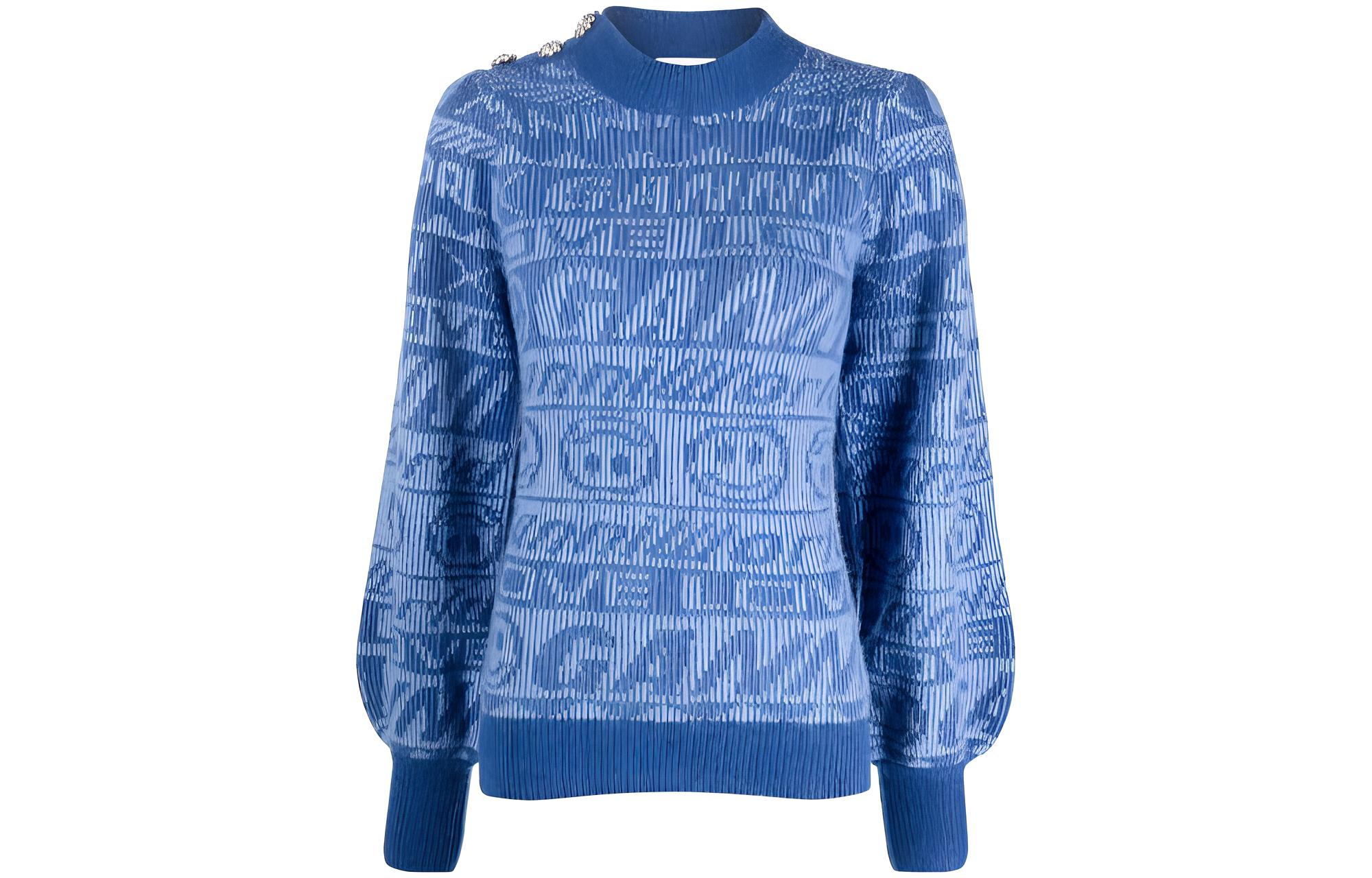 (Women) GANNI FW22 Retro Smiley Logo Puff Sleeve Crewneck Wool Knit Sweater Blue Women K1790-578