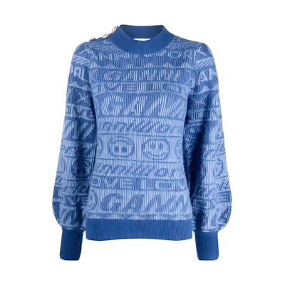 (Women) GANNI FW22 Retro Smiley Logo Puff Sleeve Crewneck Wool Knit Sweater Blue Women K1790-578