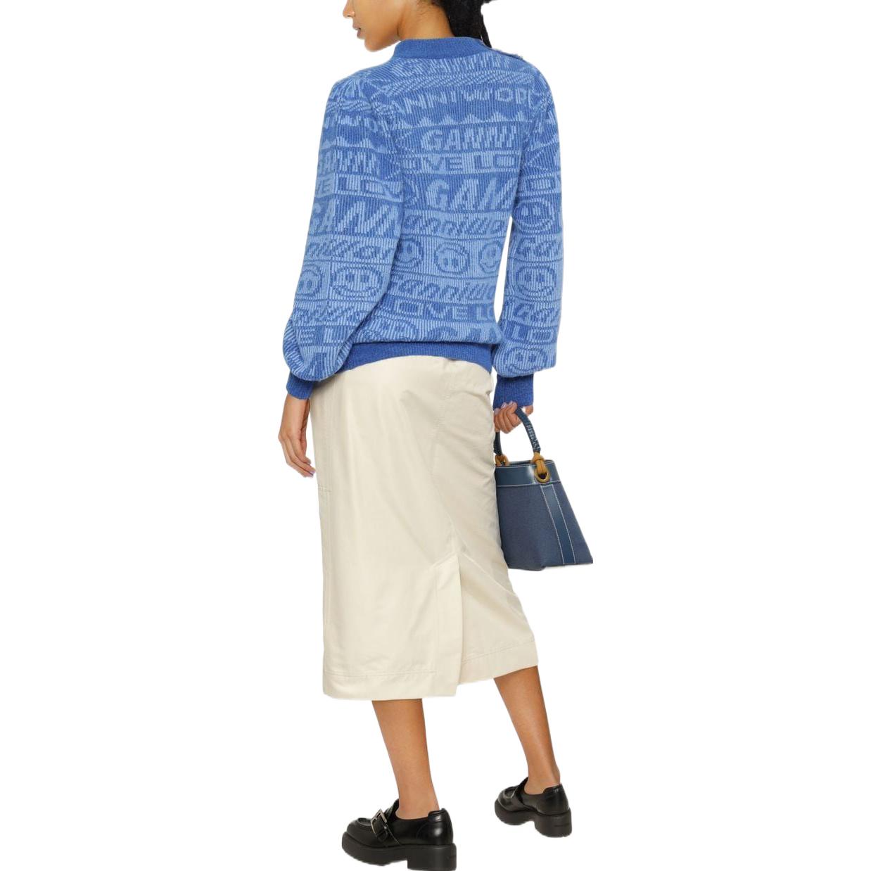 Shop (W) GANNI 2022秋冬复古笑脸标志泡泡袖羊毛针织蓝色毛衣 女款 K1790-578