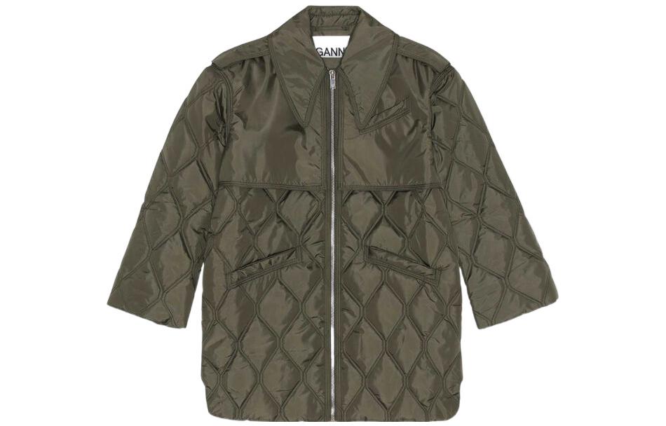 (Women) GANNI FW22 Solid Notched Collar Seam Jacket Women Green F7160-861