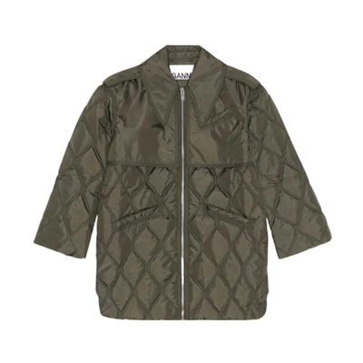 (Women) GANNI FW22 Solid Notched Collar Seam Jacket Women Green F7160-861