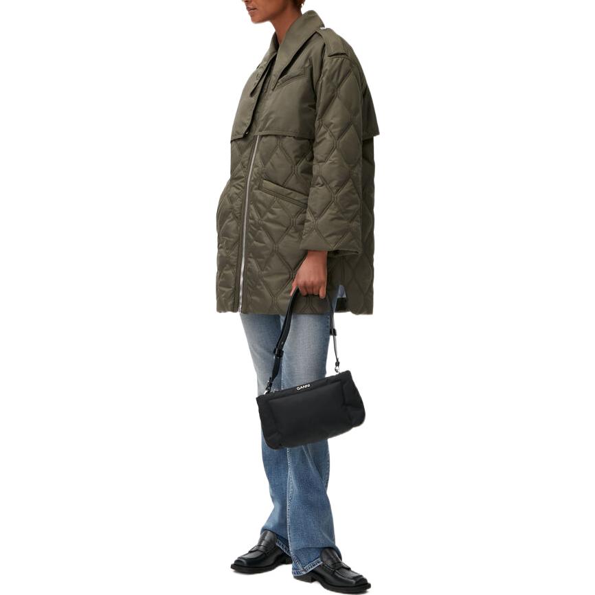 Shop (Women) GANNI FW22 Solid Notched Collar Seam Jacket Women Green F7160-861