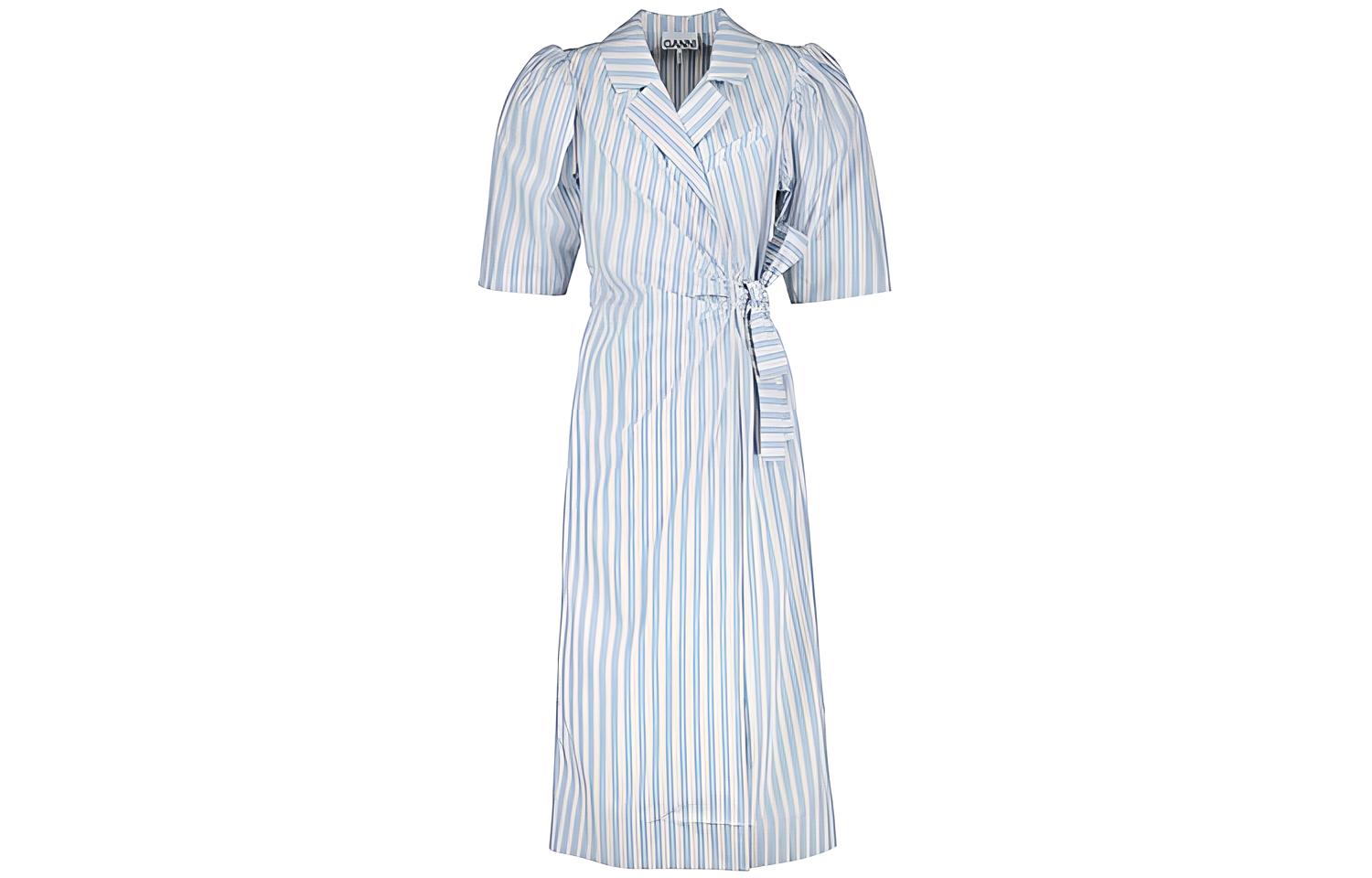 (Women) GANNI FW22 Striped Collared Belted Midi Dress  Blue Short Sleeve Dress F7220681